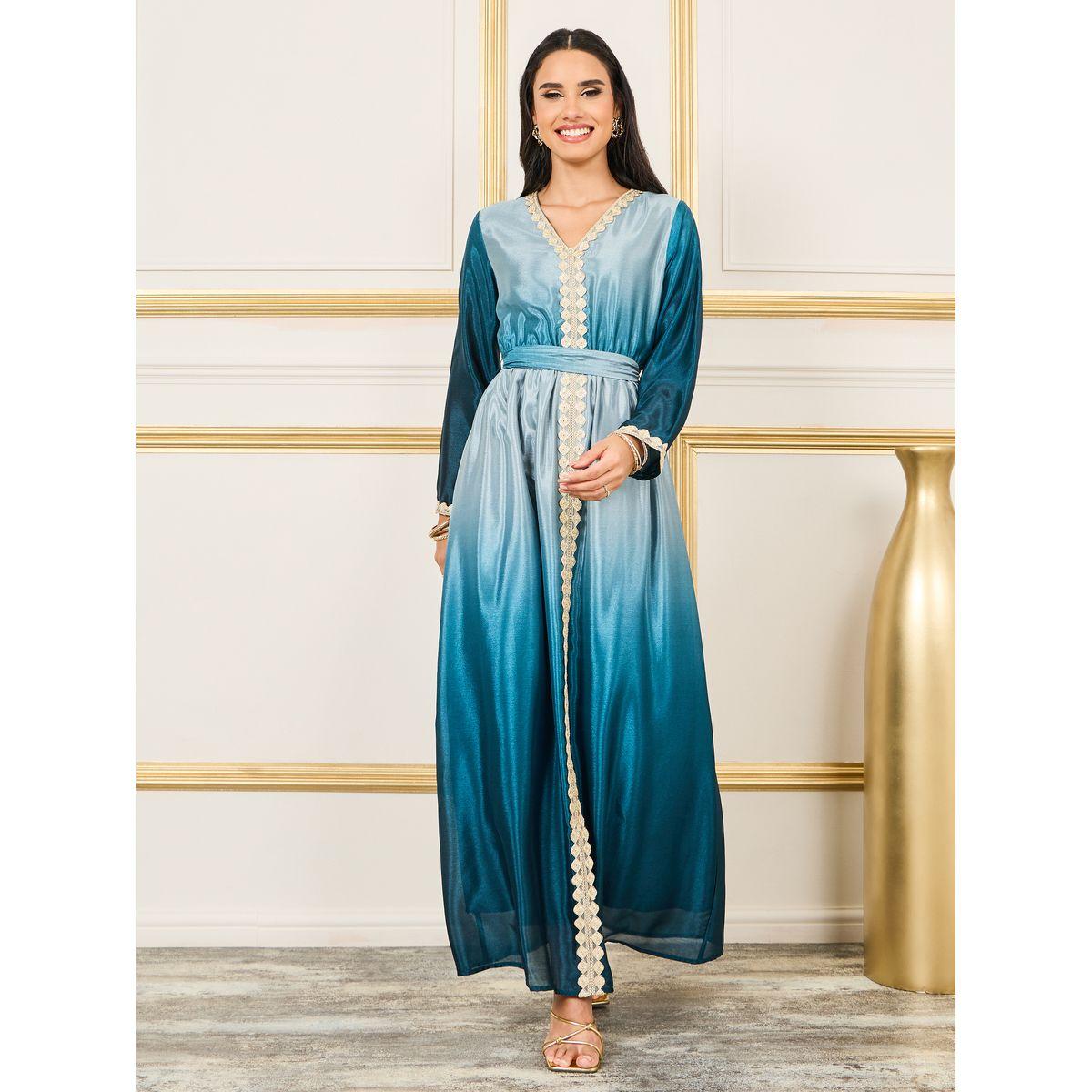 Styli Embroidered Lace Ombre Belted A-Line Maxi Dress-women-arabicclothing-kaftan-image-1