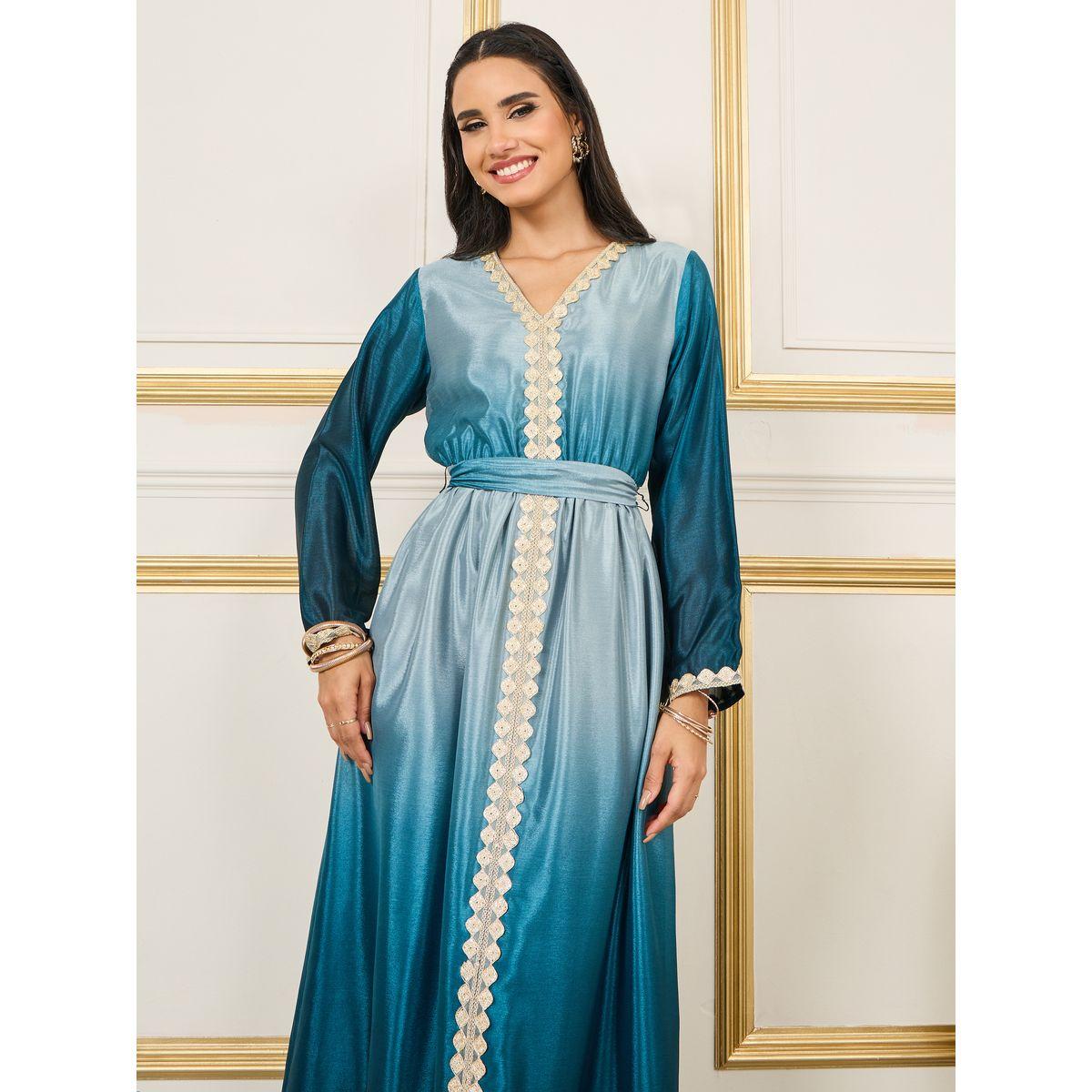 Styli Embroidered Lace Ombre Belted A-Line Maxi Dress-women-arabicclothing-kaftan-image-2