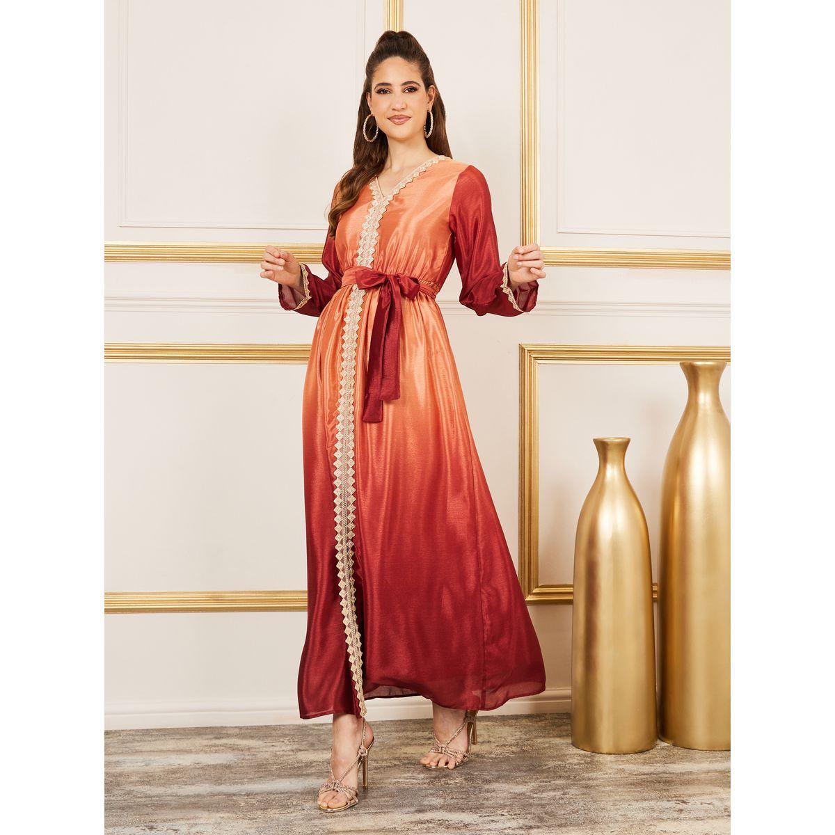 Styli Ombre Print Lace Detail Kaftan with Self Tie Up-women-arabicclothing-kaftan-image-1