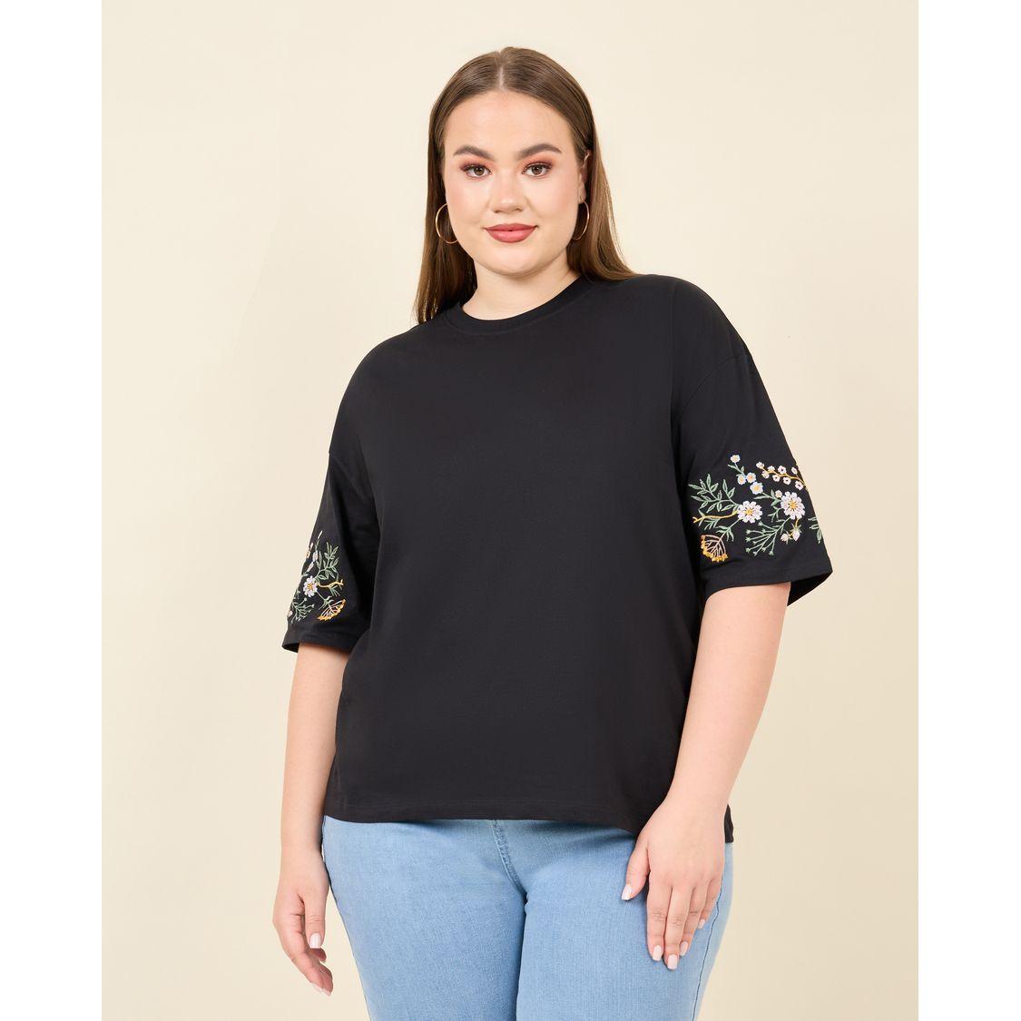 Styli Plus Oversized Embroidered Sleeves Longline T-shirt-women-clothing-tshirts-image-1