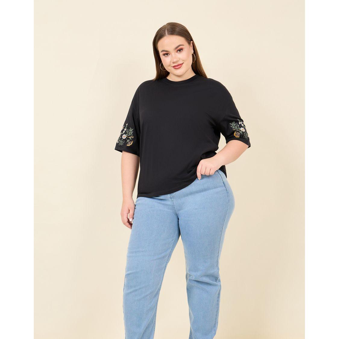 Styli Plus Oversized Embroidered Sleeves Longline T-shirt-women-clothing-tshirts-image-2