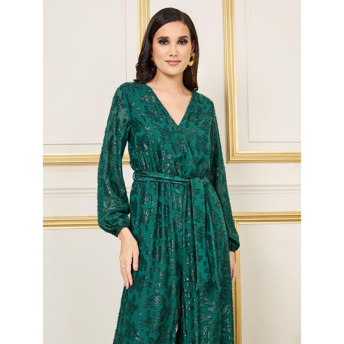 Styli Burnout Lurex Texture Wide Leg Jumpsuit with Self Tie Up-women-clothing-jumpsuits-image-2