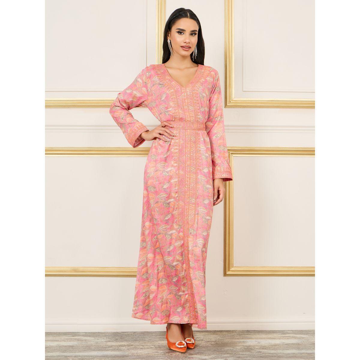 Styli Embroidered All Over Print Belted Kaftan-women-arabicclothing-kaftan-image-1