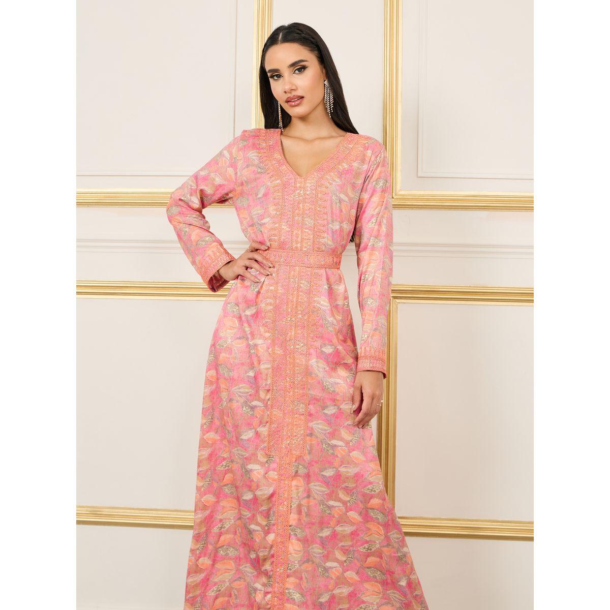 Styli Embroidered All Over Print Belted Kaftan-women-arabicclothing-kaftan-image-2