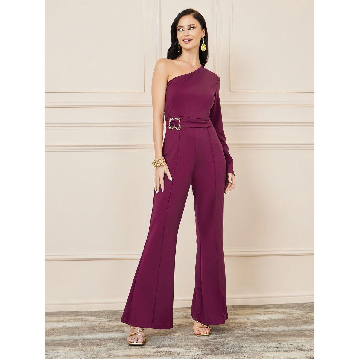 Styli One Shoulder Neck Wide Leg Knit Jumpsuit with Metal Buckle Detail-women-clothing-jumpsuits-image-1