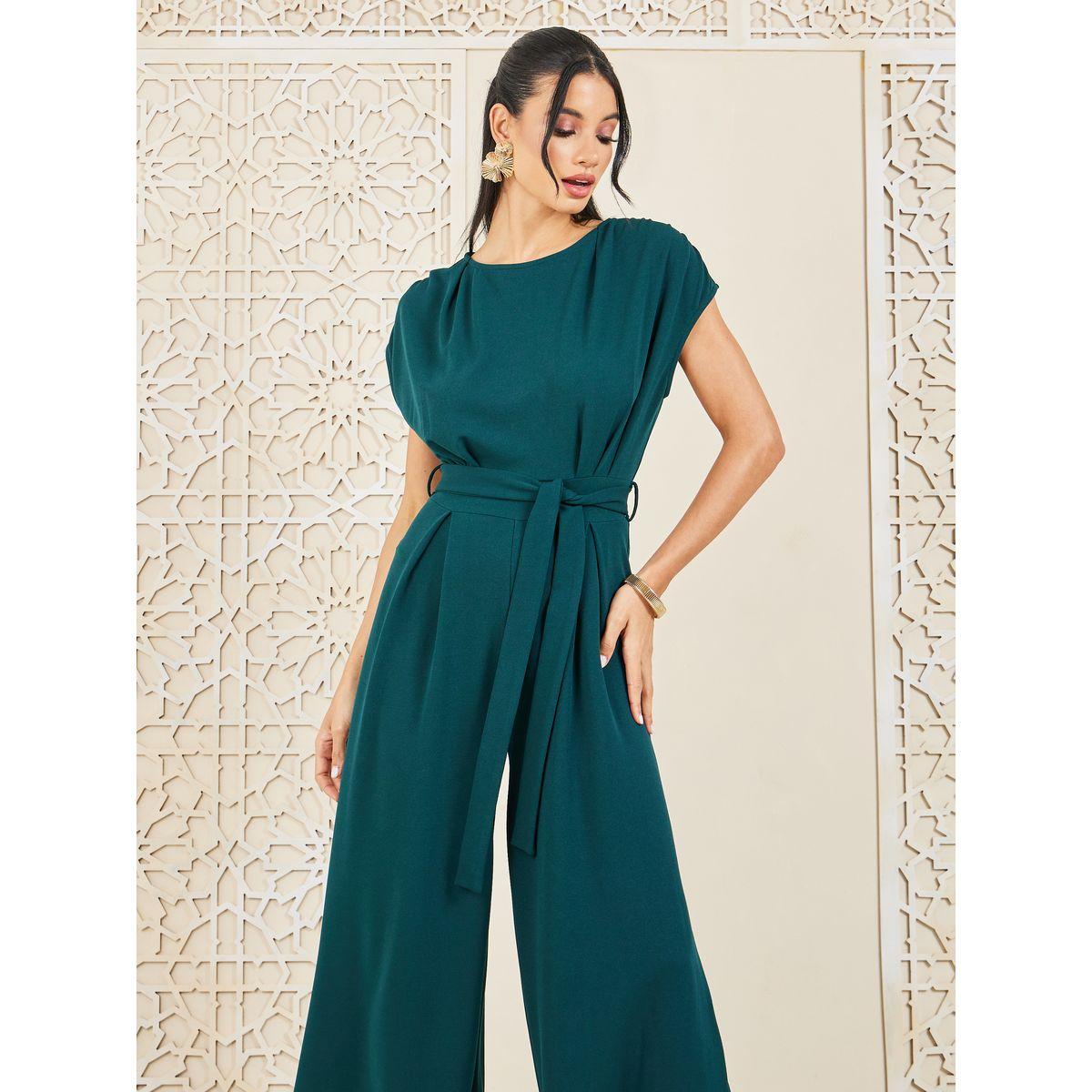Styli Raglan Sleeves Box Pleated Wide Leg Knit Jumpsuit with Self Tie Up-women-clothing-jumpsuits-image-2