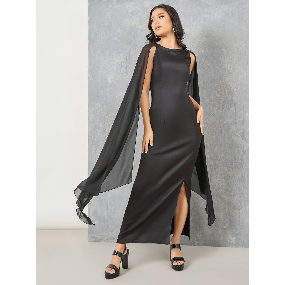 Styli Satin Cape Sleeve Bodycorn Maxi Dress with Front Slit-women-clothing-dresses-image-1