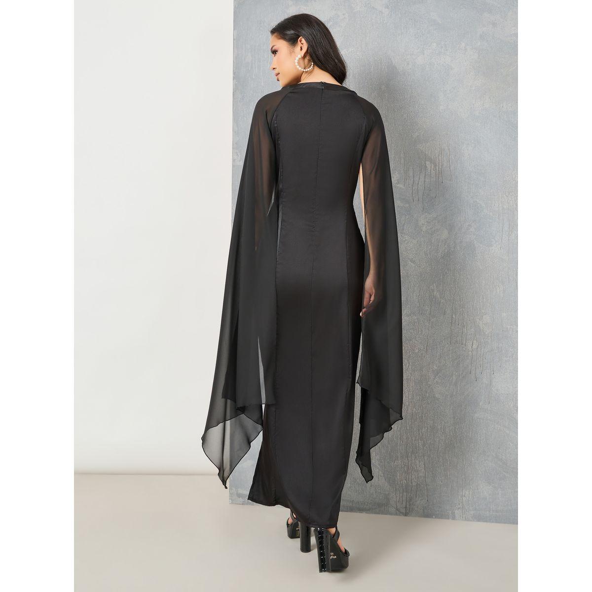 Styli Satin Cape Sleeve Bodycorn Maxi Dress with Front Slit-women-clothing-dresses-image-5