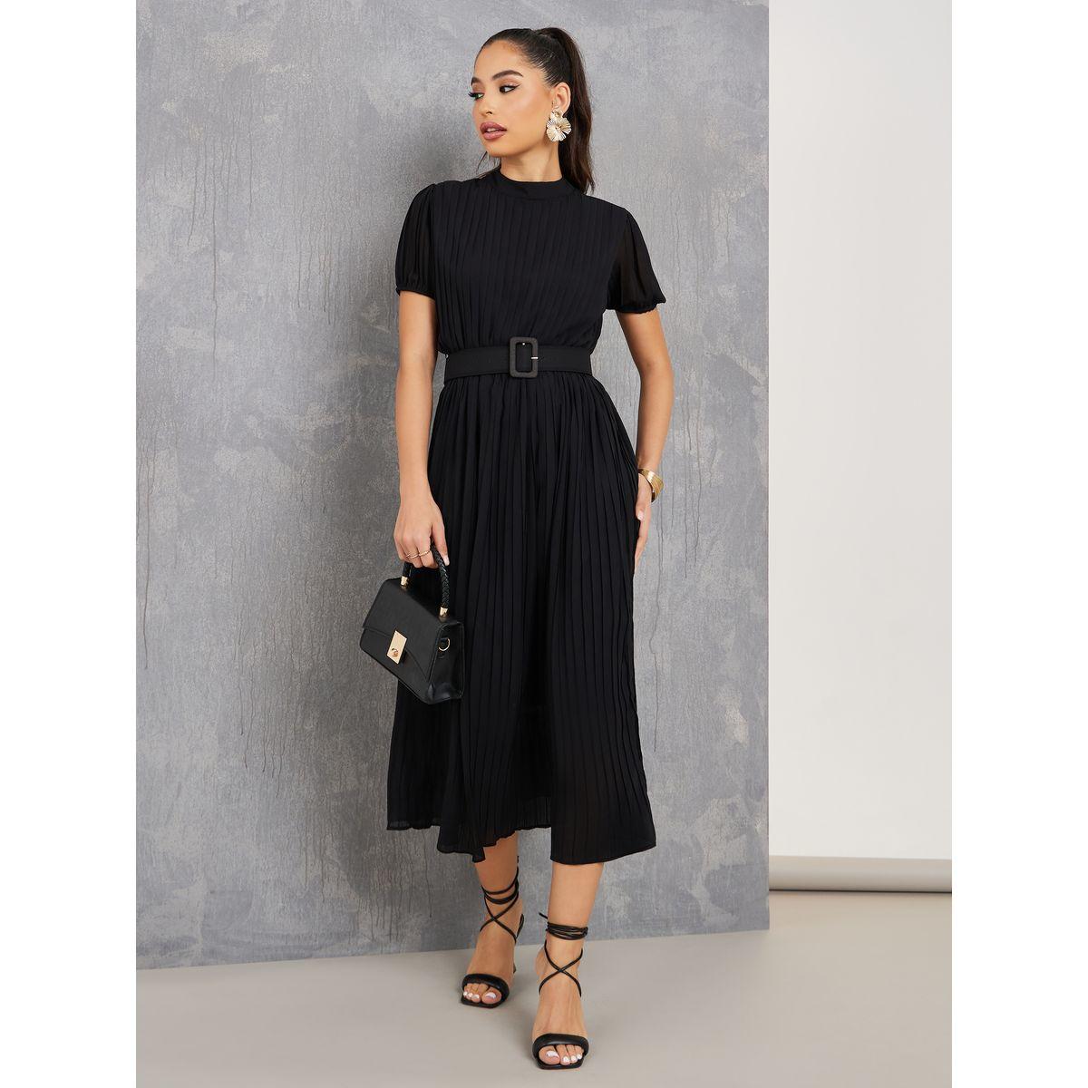 فستان ميدي بكسرات وحزام خصر-women-clothing-dresses-image-1