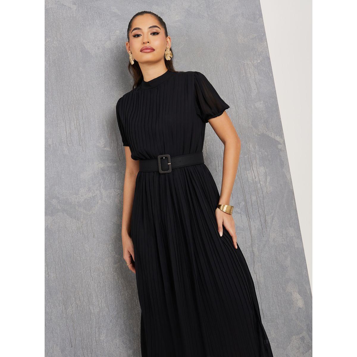 Styli High Neck Pleated Midi Dress with Belt-women-clothing-dresses-image-2