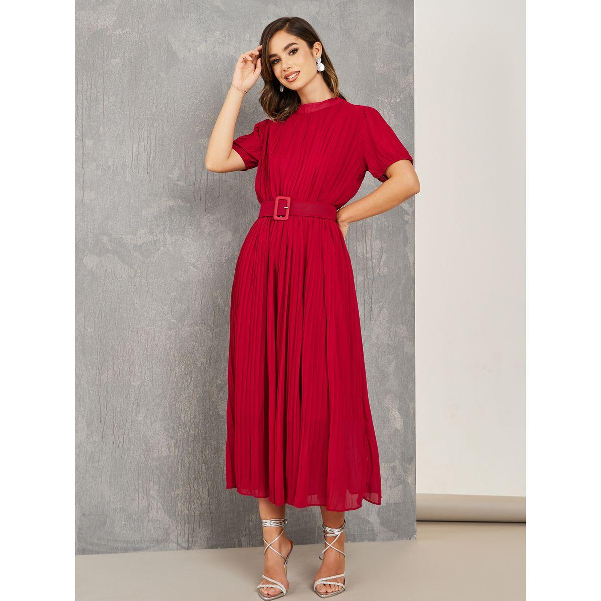 Styli High Neck Pleated Midi Dress with Belt-women-clothing-dresses-image-1