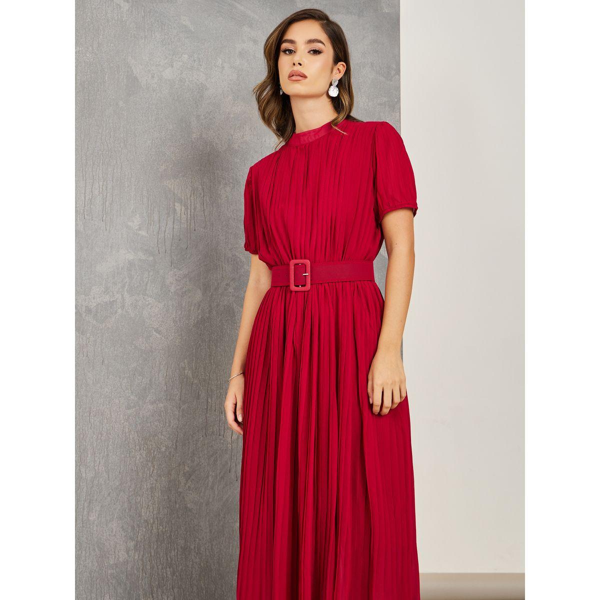 Styli High Neck Pleated Midi Dress with Belt-women-clothing-dresses-image-2