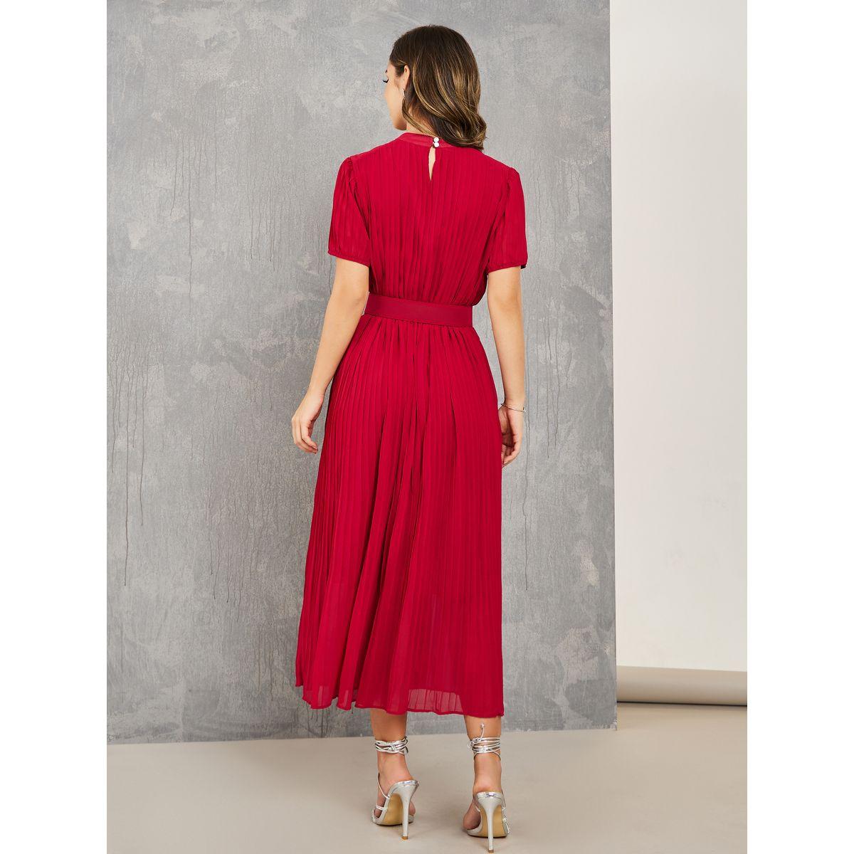Styli High Neck Pleated Midi Dress with Belt-women-clothing-dresses-image-4