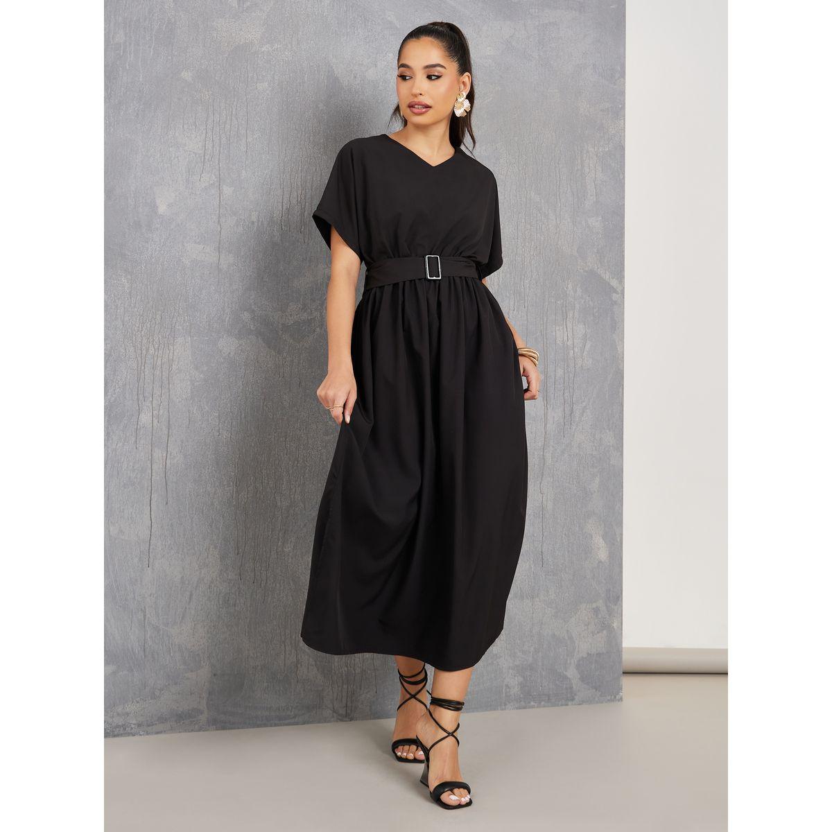 فستان طويل سادة بحزام خصر-women-clothing-dresses-image-1