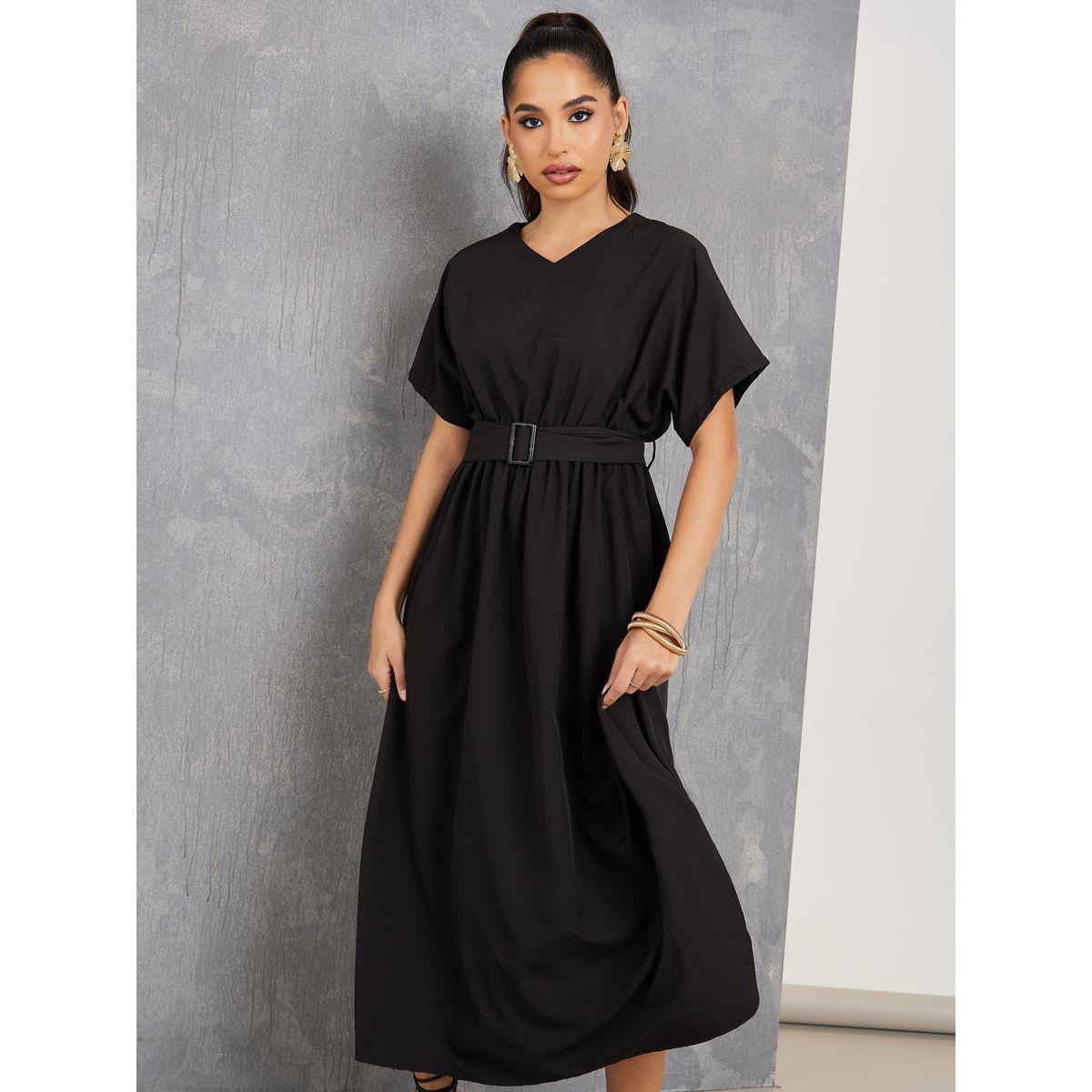 Styli Solid V Neck Belted A-Line Maxi Dress-women-clothing-dresses-image-2