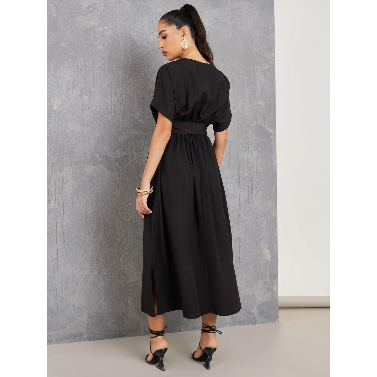 Styli Solid V Neck Belted A-Line Maxi Dress-women-clothing-dresses-image-4