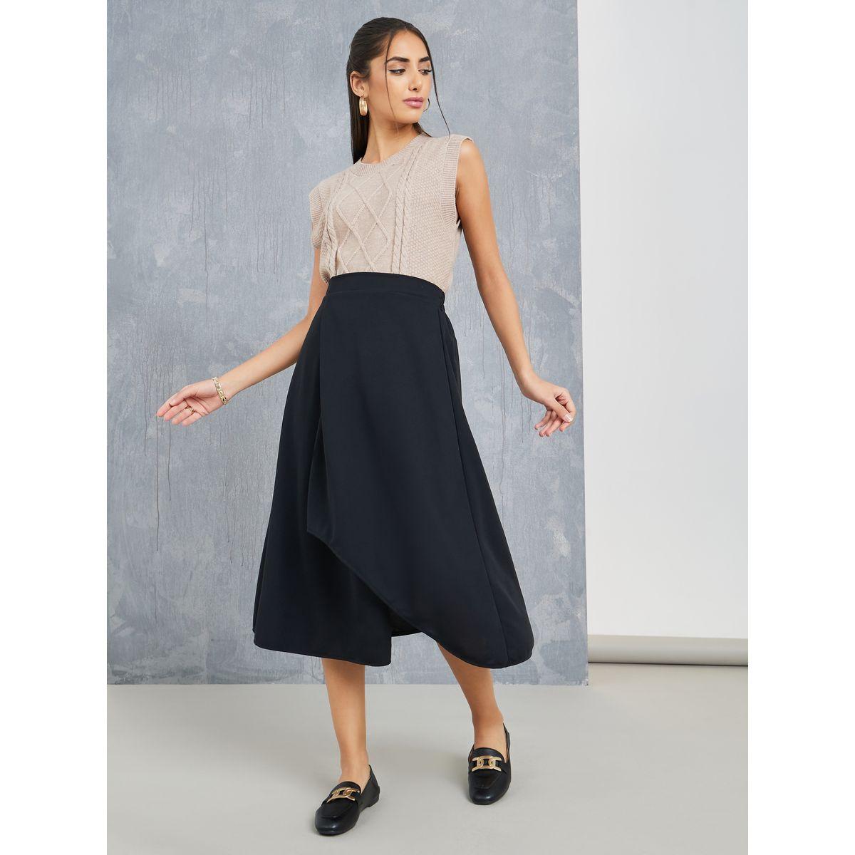 Styli Solid Wrap Front Skirt with Elasticated Waistband-women-clothing-bottoms-skirts-image-1