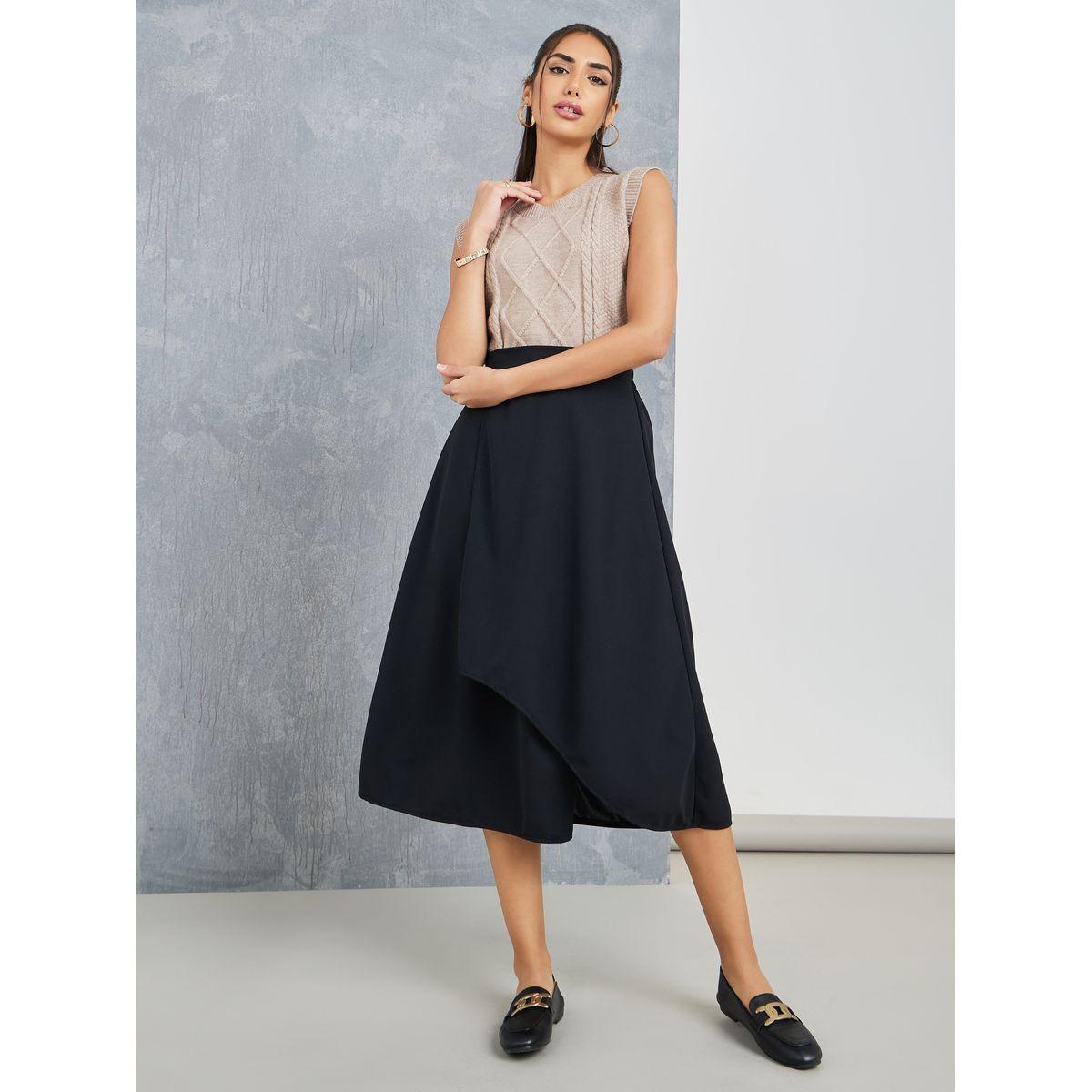Styli Solid Wrap Front Skirt with Elasticated Waistband-women-clothing-bottoms-skirts-image-5
