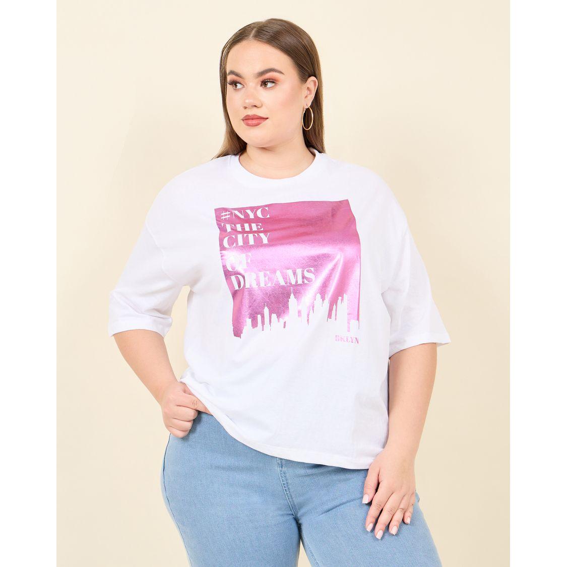 Styli Plus Oversized New York Foil Print Longline T-shirt-women-clothing-tshirts-image-1