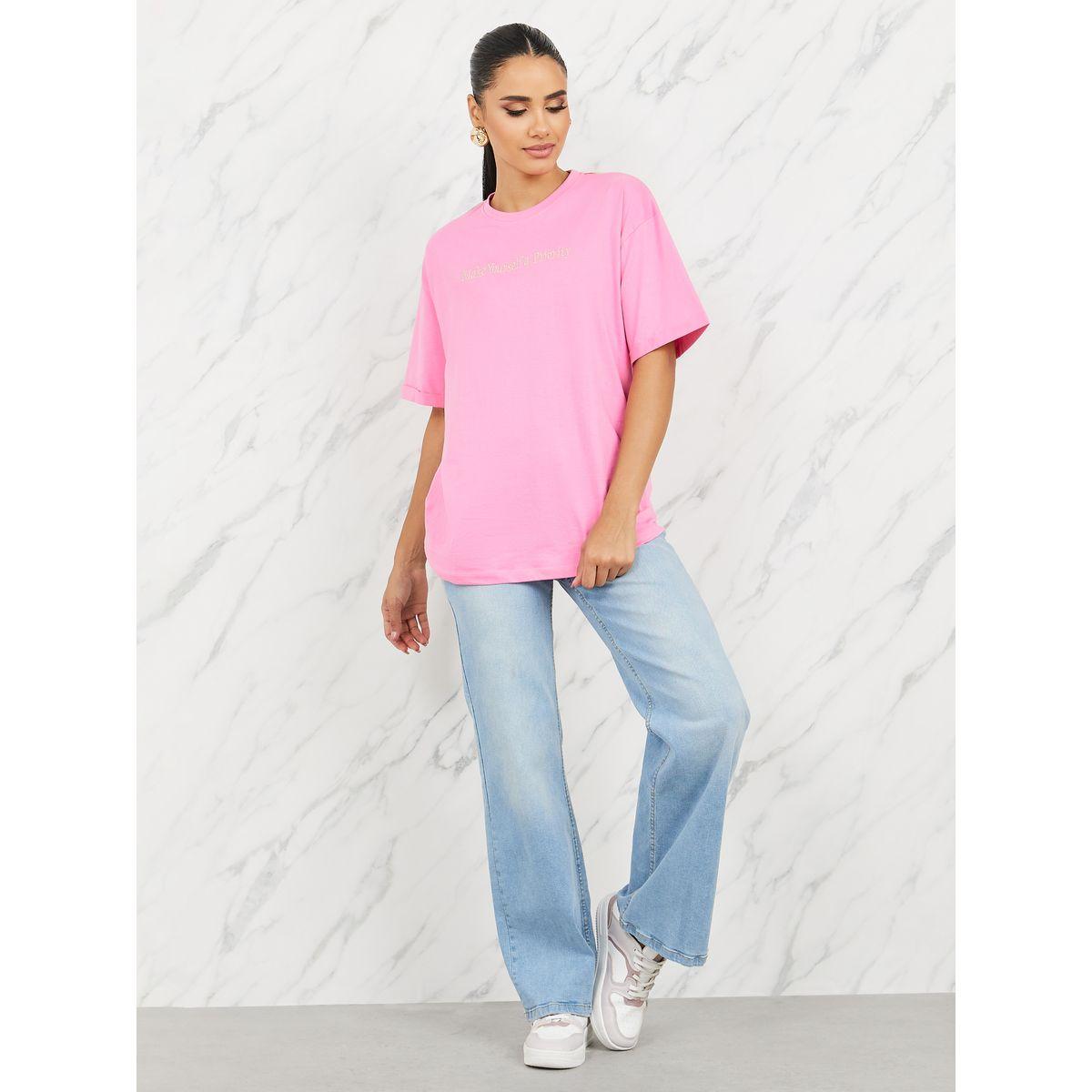 Styli Oversized Embroidered Slogan Binding Trim T-shirt-women-clothing-tshirts-image-2