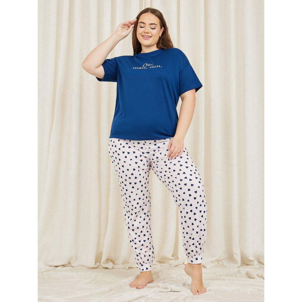 Styli Unwind Plus Drop Shoulder Oui Mais, Non Print T-shirt and Heart AOP Pyjama Set-women-clothing-nightwear-pyjamas-longsets-image-1