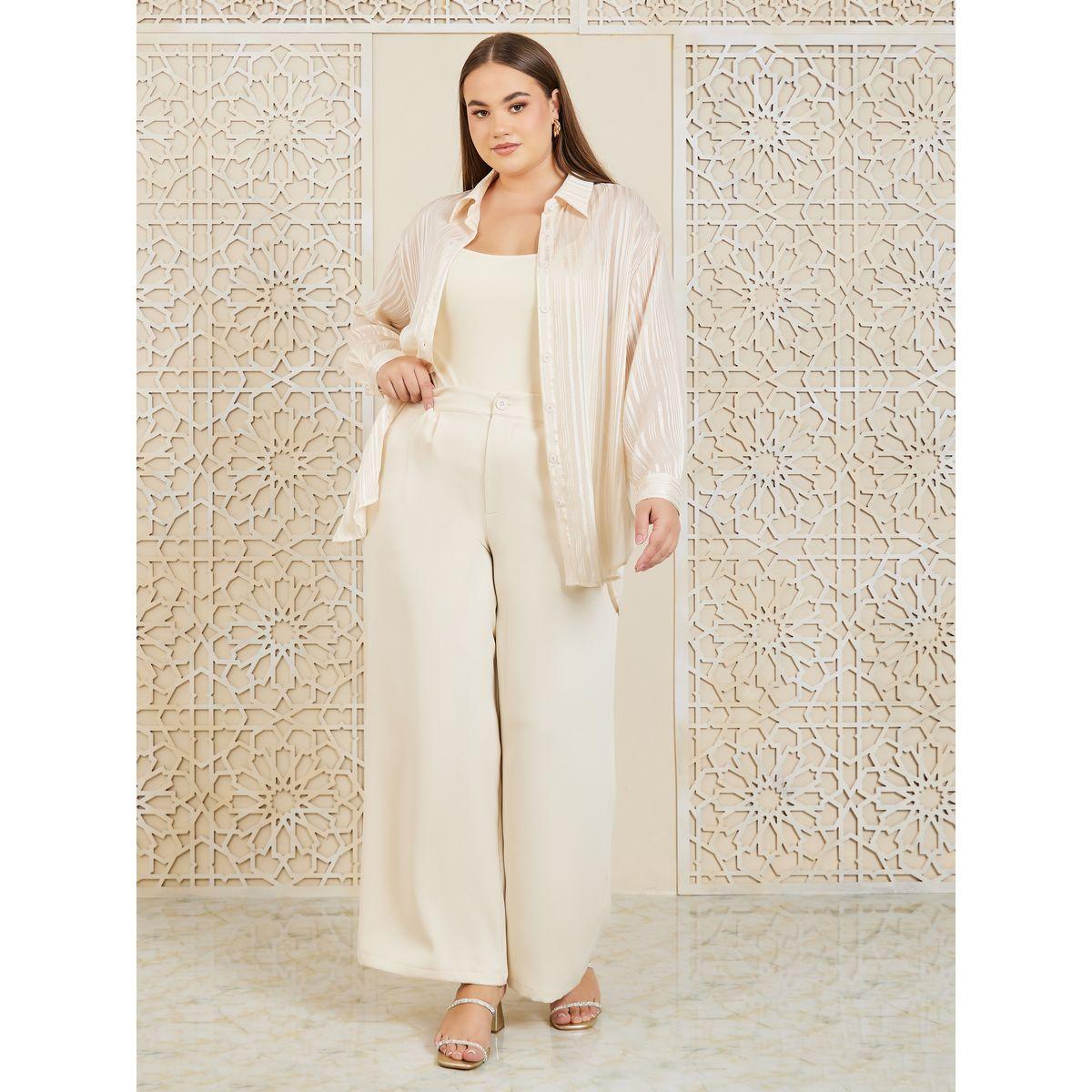 Styli Plus Textured Longline Button Front Shirt with Solid Cami & Wide Leg Pants Co-Ord-women-clothing-dresses-image-1