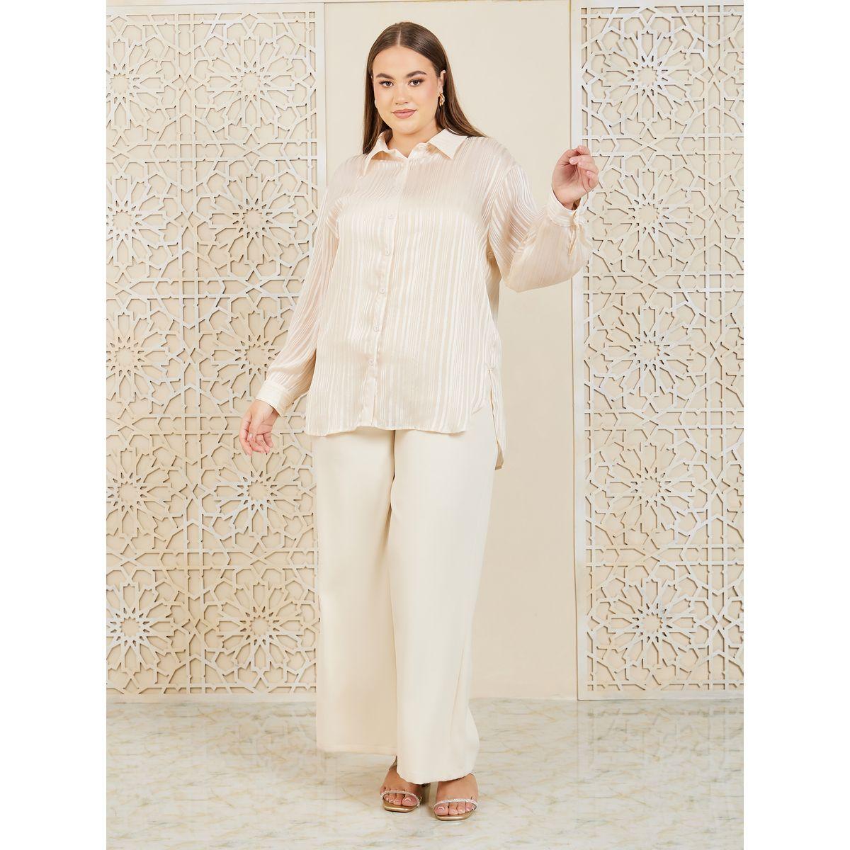 Styli Plus Textured Longline Button Front Shirt with Solid Cami & Wide Leg Pants Co-Ord-women-clothing-dresses-image-2