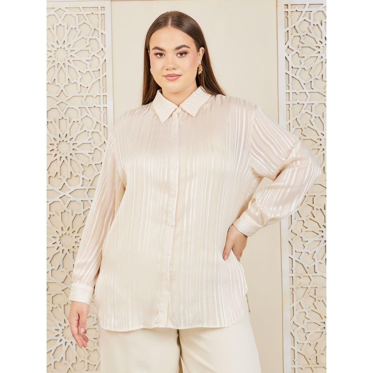 Styli Plus Textured Longline Button Front Shirt with Solid Cami & Wide Leg Pants Co-Ord-women-clothing-dresses-image-3