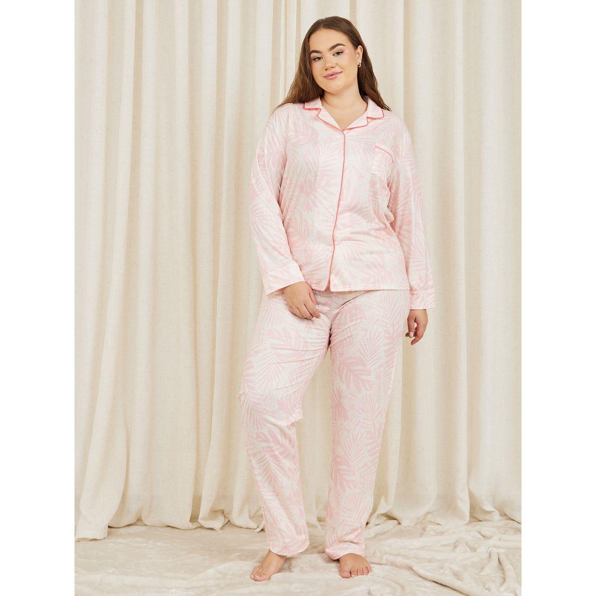 Styli Unwind Plus Palm Print Piped Detail Shirt and Pyjama Set-women-clothing-nightwear-pyjamas-longsets-image-1