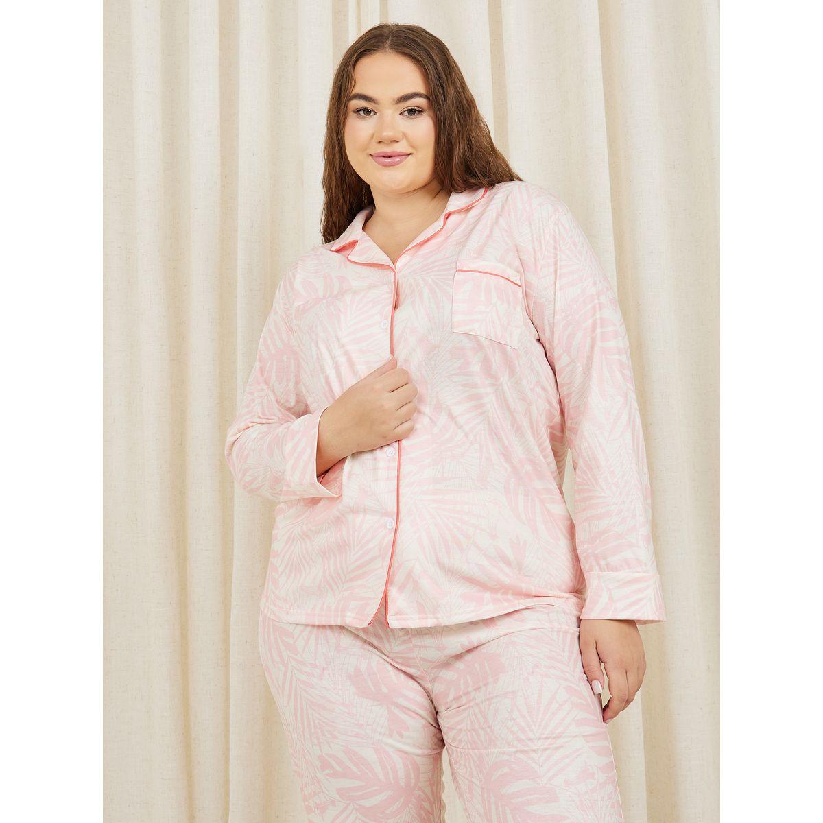 Styli Unwind Plus Palm Print Piped Detail Shirt and Pyjama Set-women-clothing-nightwear-pyjamas-longsets-image-2