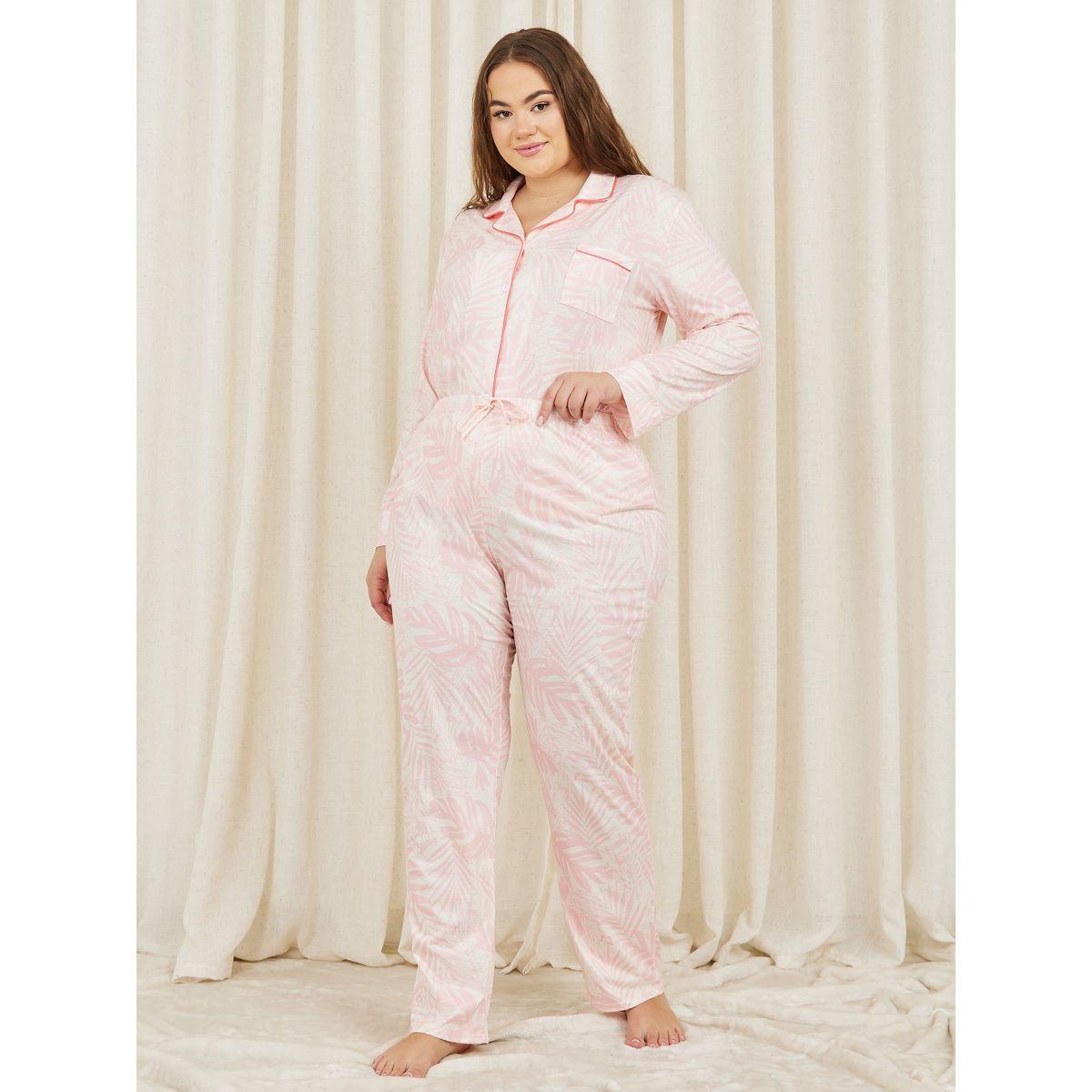 Styli Unwind Plus Palm Print Piped Detail Shirt and Pyjama Set-women-clothing-nightwear-pyjamas-longsets-image-4