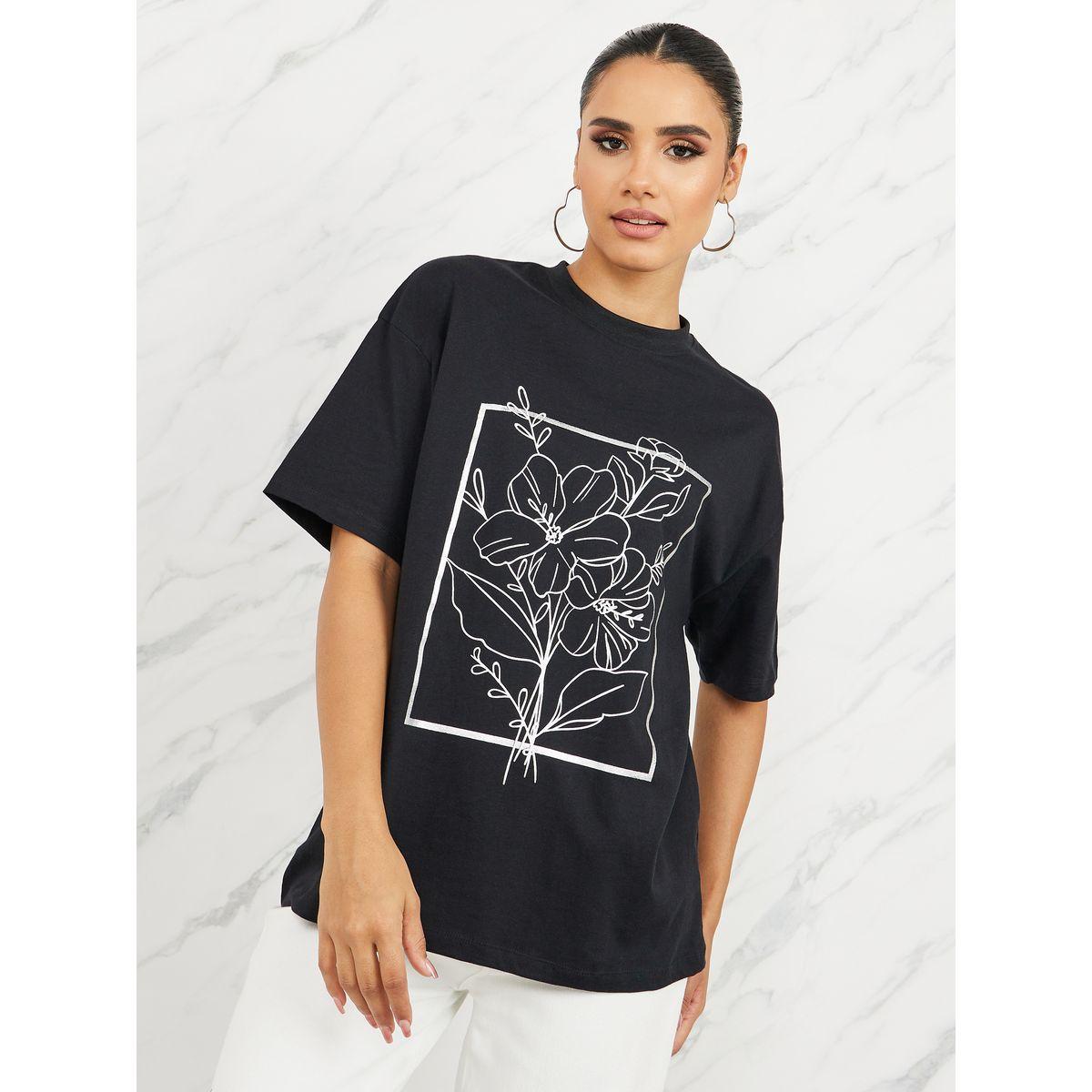 تيشيرت واسع مطبع بزهور مع فويل-women-clothing-tshirts-image-1