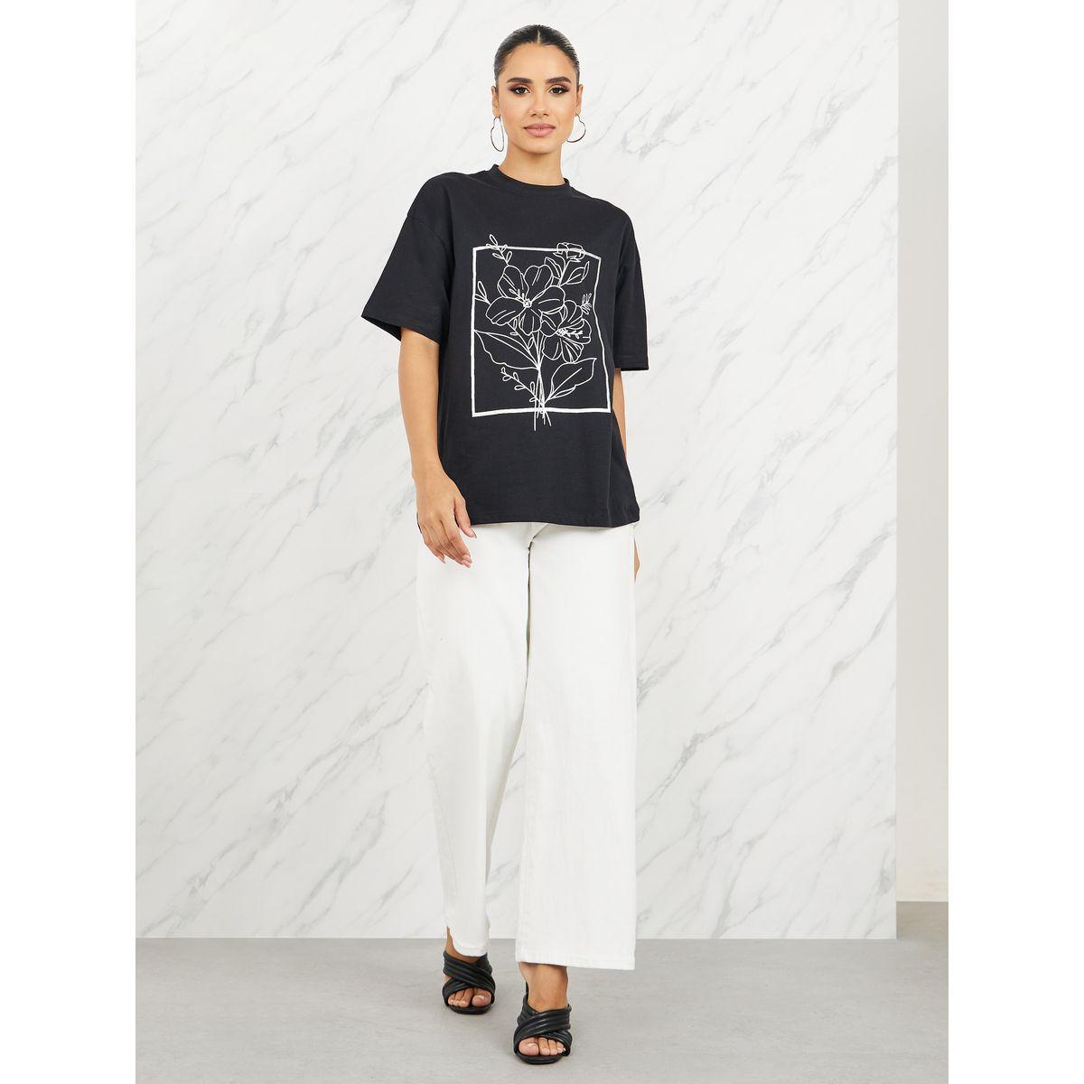 تيشيرت واسع مطبع بزهور مع فويل-women-clothing-tshirts-image-2