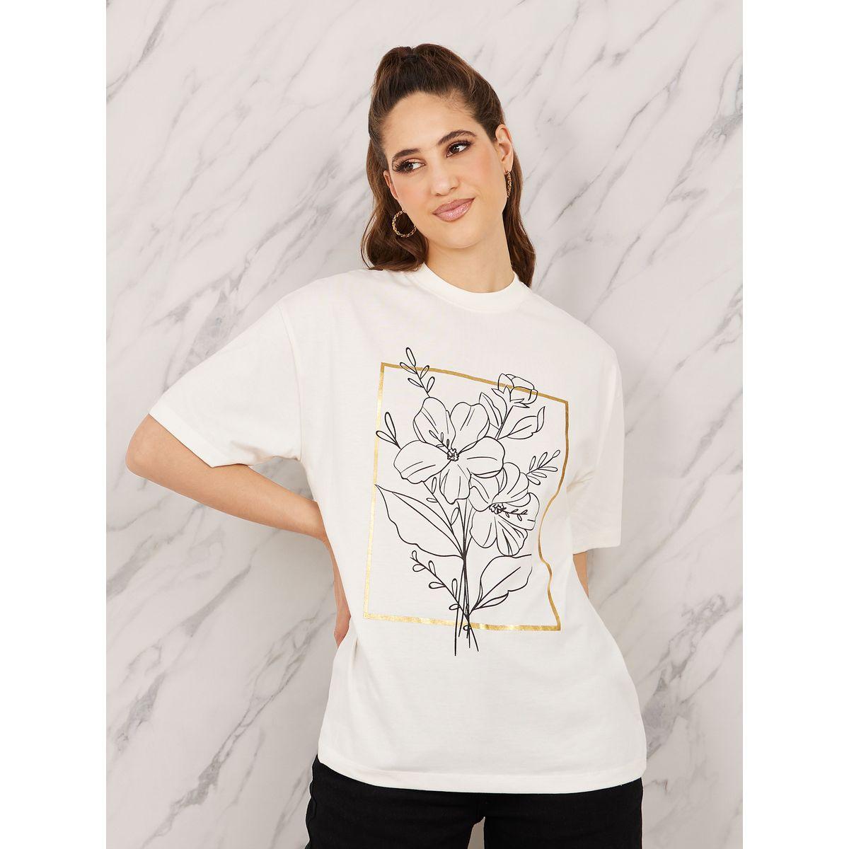 Styli Oversized Floral Foil Print Longline T-shirt-women-clothing-tshirts-image-1
