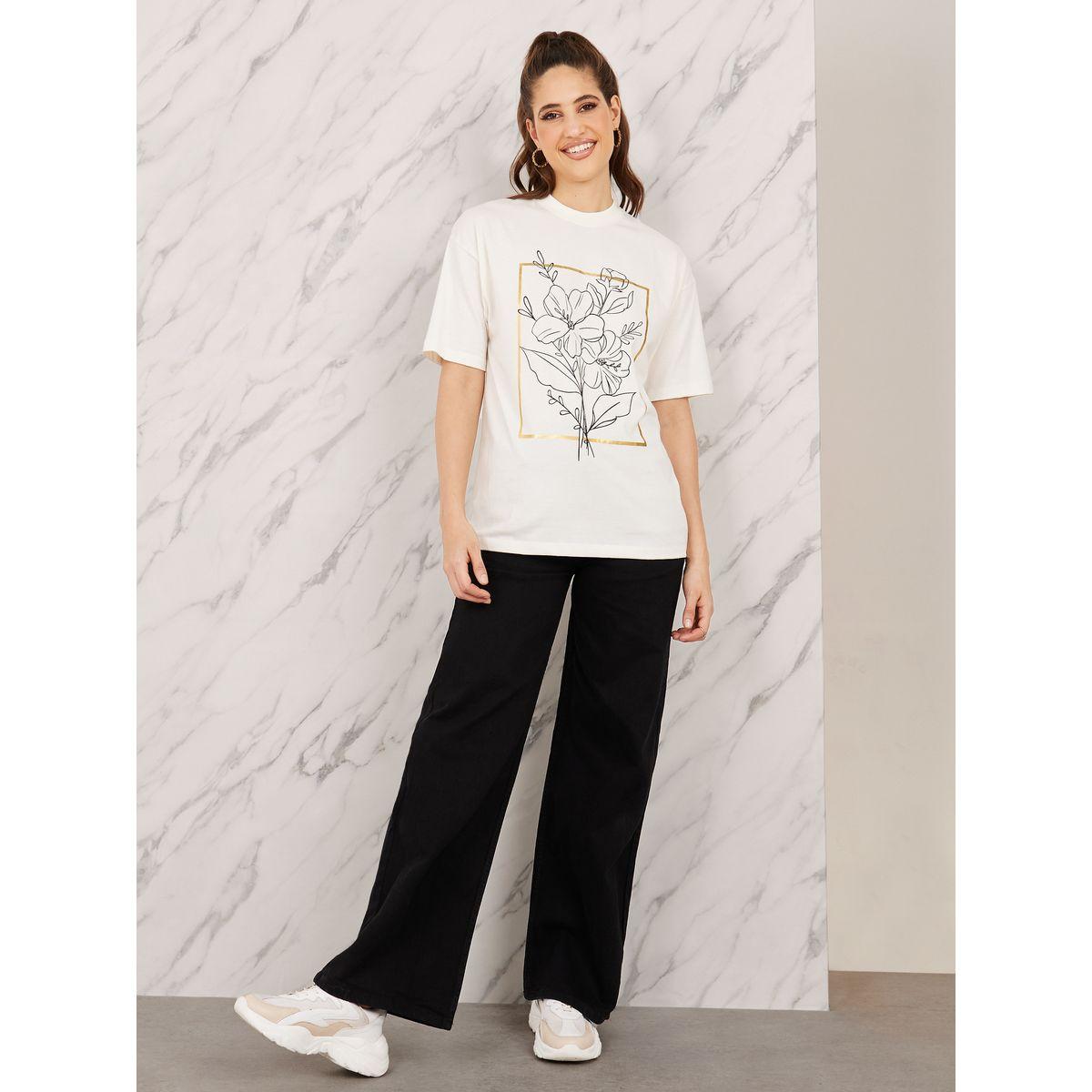 Styli Oversized Floral Foil Print Longline T-shirt-women-clothing-tshirts-image-2