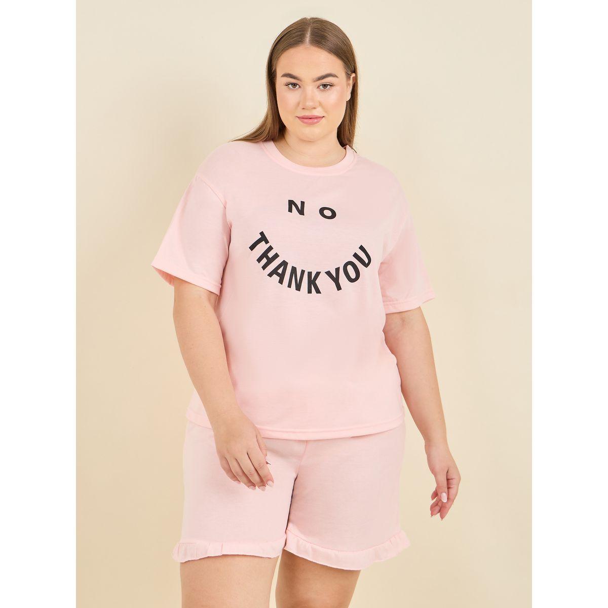Styli Unwind Plus No Thank You Slogan Print T-shirt and Short Set-women-clothing-nightwear-pyjamas-shortsets-image-3