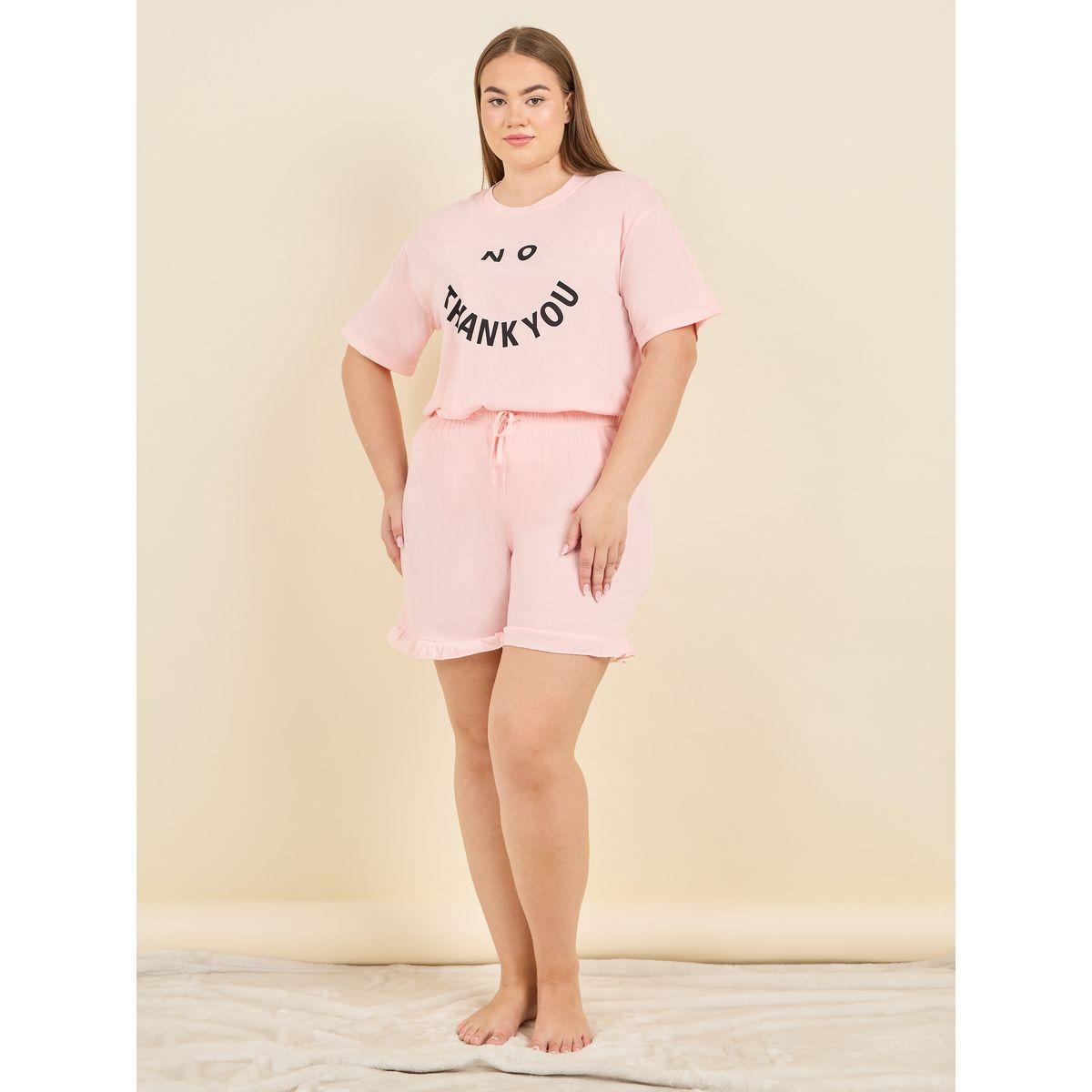 Styli Unwind Plus No Thank You Slogan Print T-shirt and Short Set-women-clothing-nightwear-pyjamas-shortsets-image-5