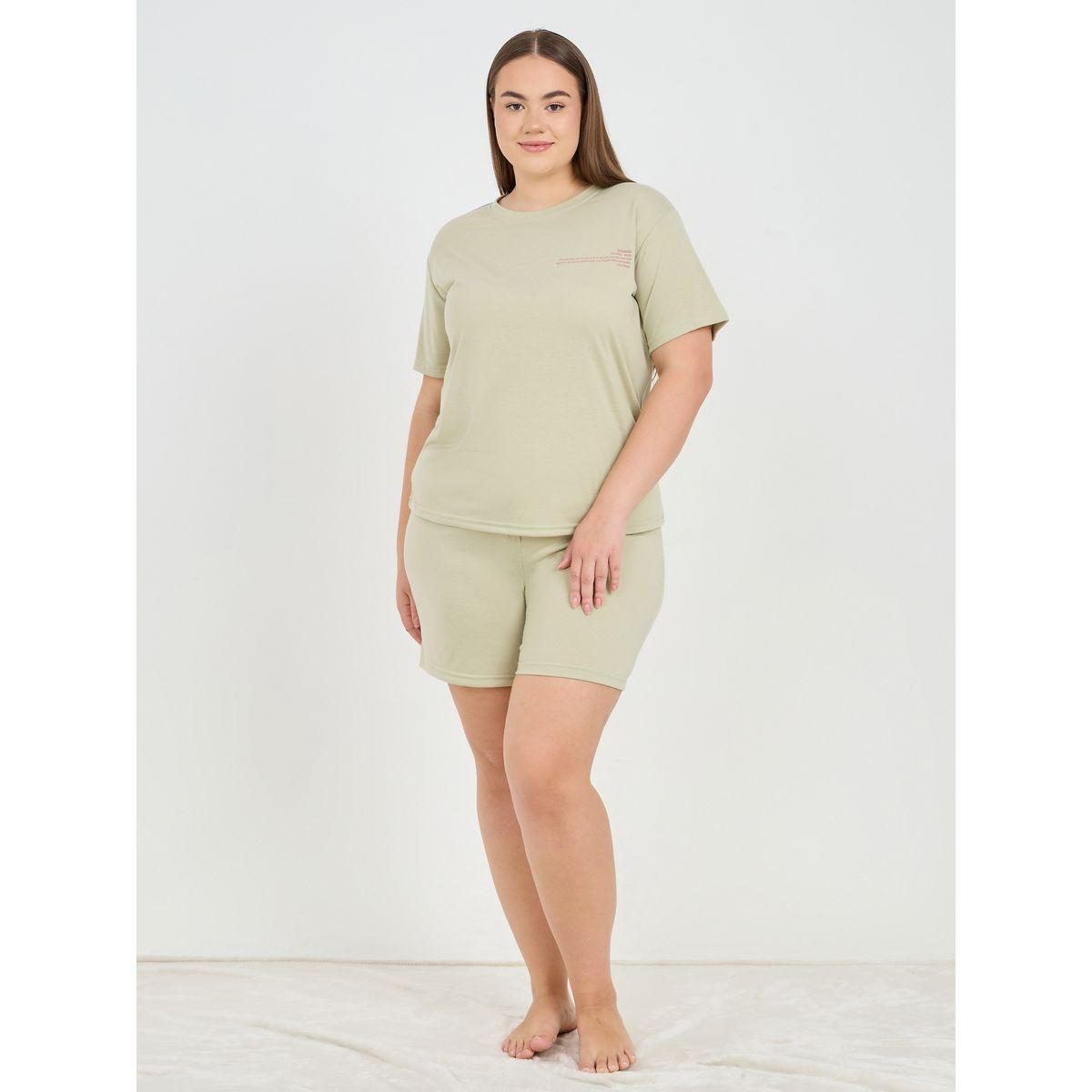 Styli Unwind Plus Script Slogan Drop Shoulder T-Shirt & Placket Shorts Set-women-clothing-nightwear-pyjamas-shortsets-image-1