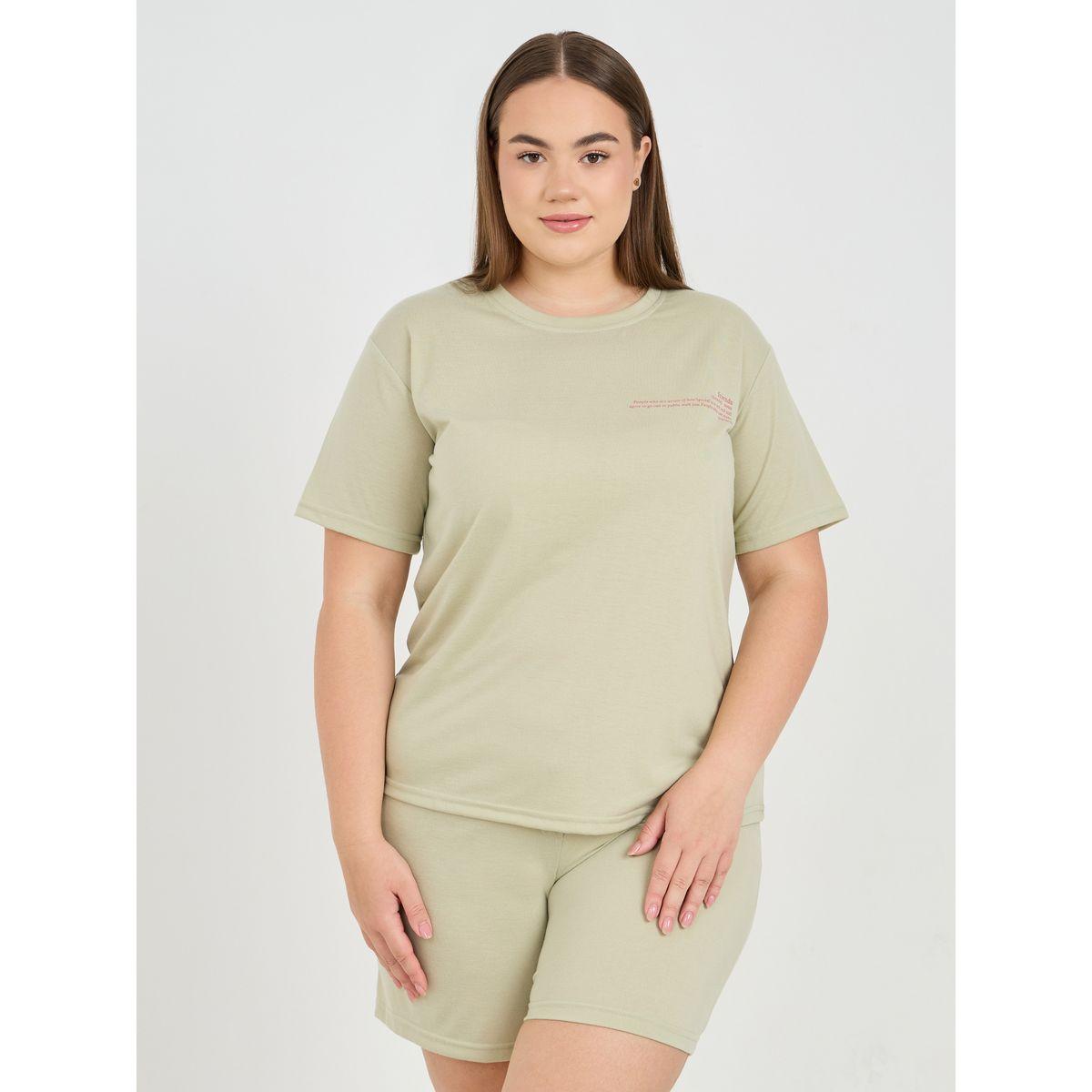 Styli Unwind Plus Script Slogan Drop Shoulder T-Shirt & Placket Shorts Set-women-clothing-nightwear-pyjamas-shortsets-image-2