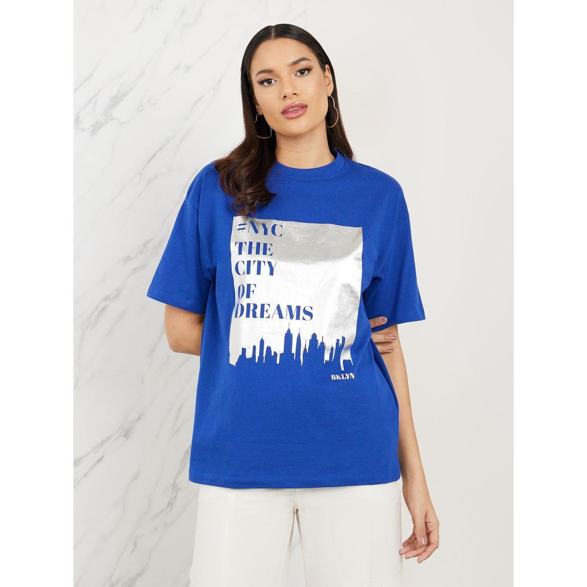 Styli Oversized Foil Graphic Longline T-Shirt-women-clothing-tshirts-image-1