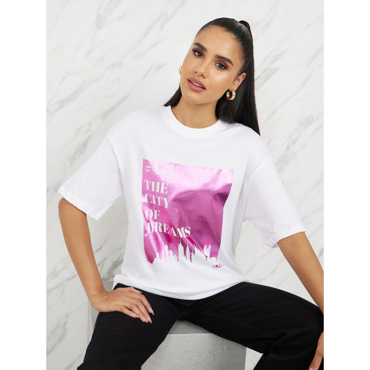 Styli Oversized Graphic Foil Print Longline T-shirt-women-clothing-tshirts-image-1