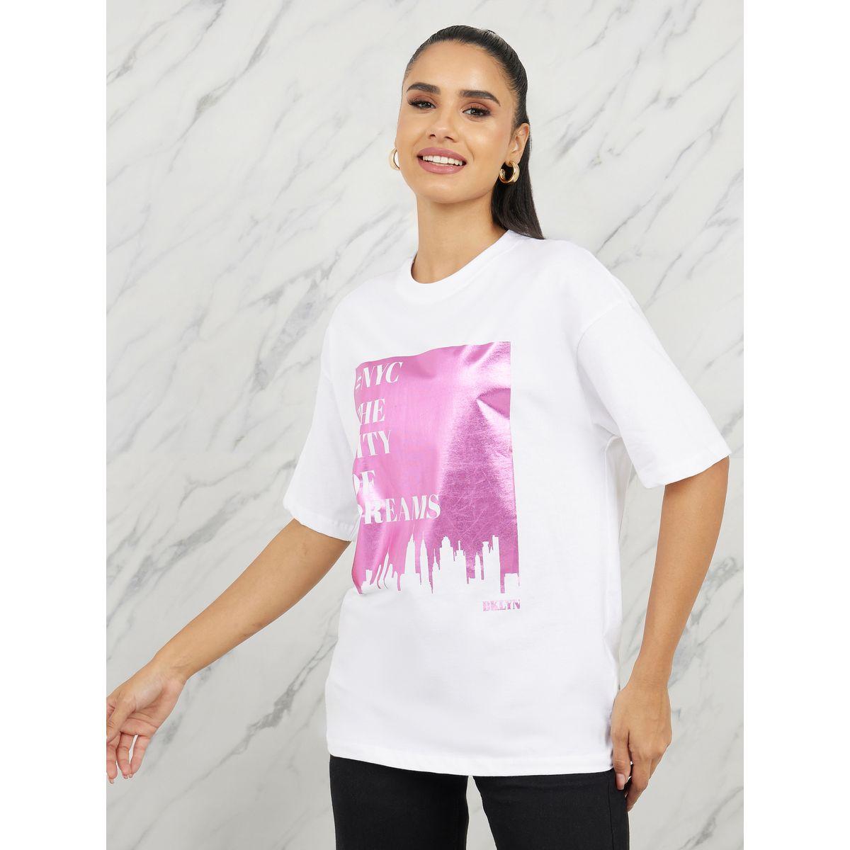 Styli Oversized Graphic Foil Print Longline T-shirt-women-clothing-tshirts-image-2