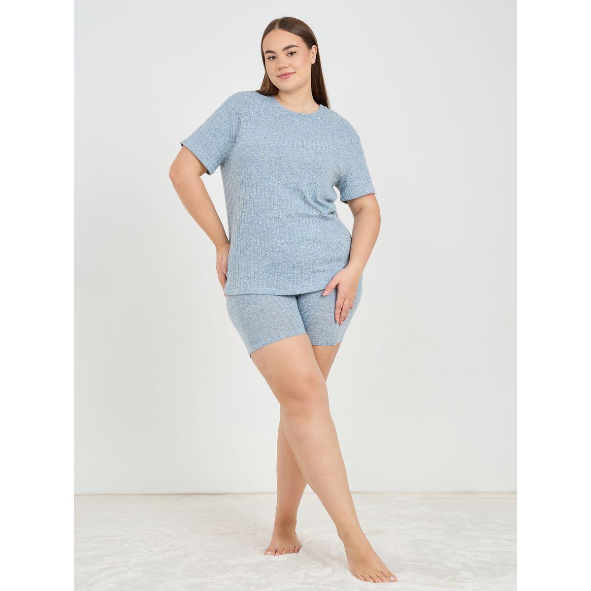 طقم من شورت وتيشيرت مضلع بمقاس كبير-women-clothing-nightwear-pyjamas-shortsets-image-1