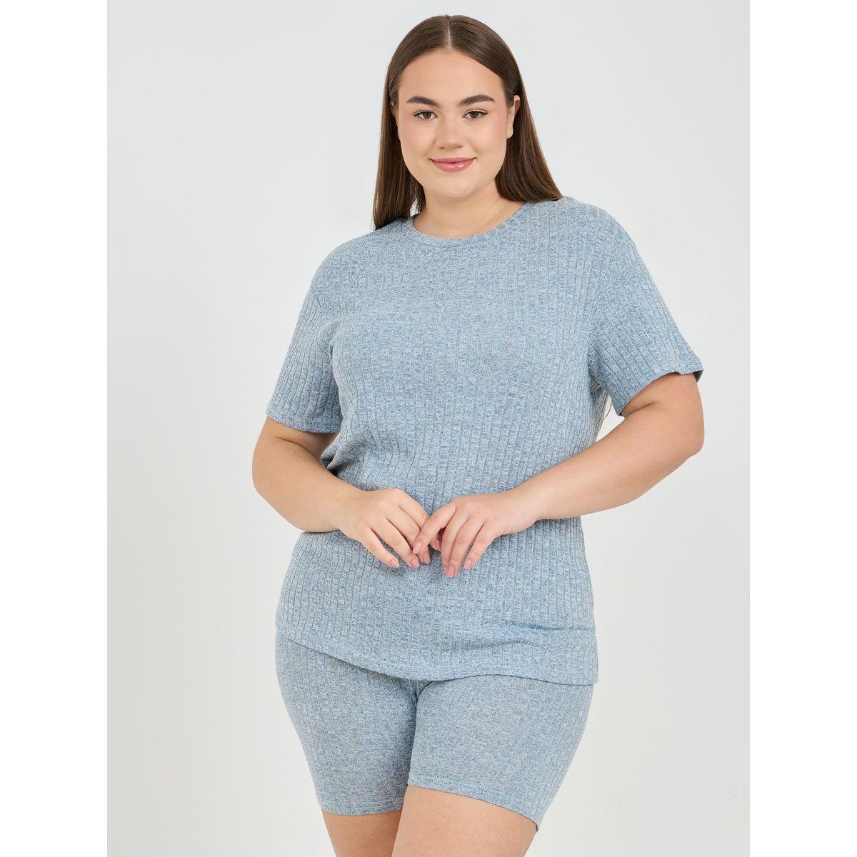 طقم من شورت وتيشيرت مضلع بمقاس كبير-women-clothing-nightwear-pyjamas-shortsets-image-2