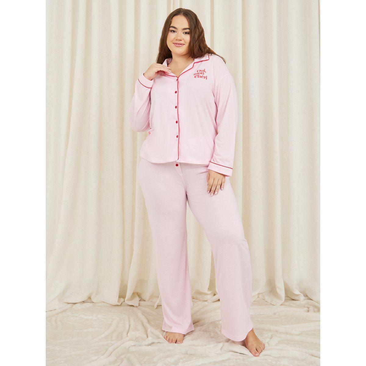 Styli Unwind Plus Oui Mon Cheri Slogan Print Piped Shirt and Pyajama Set-women-clothing-nightwear-pyjamas-longsets-image-1