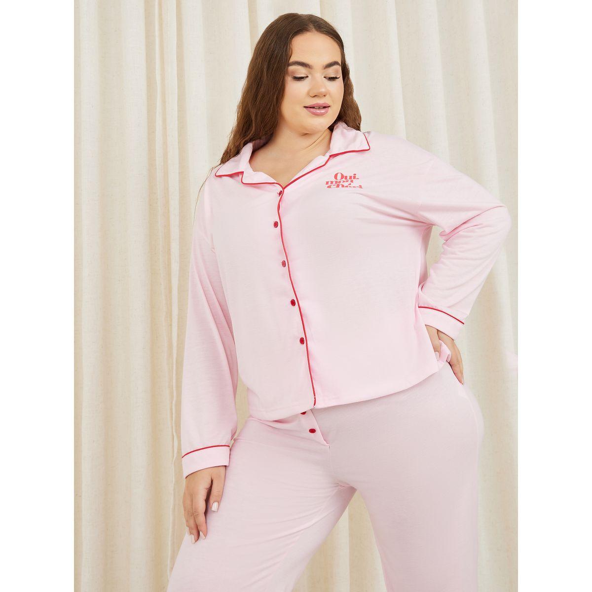 Styli Unwind Plus Oui Mon Cheri Slogan Print Piped Shirt and Pyajama Set-women-clothing-nightwear-pyjamas-longsets-image-2