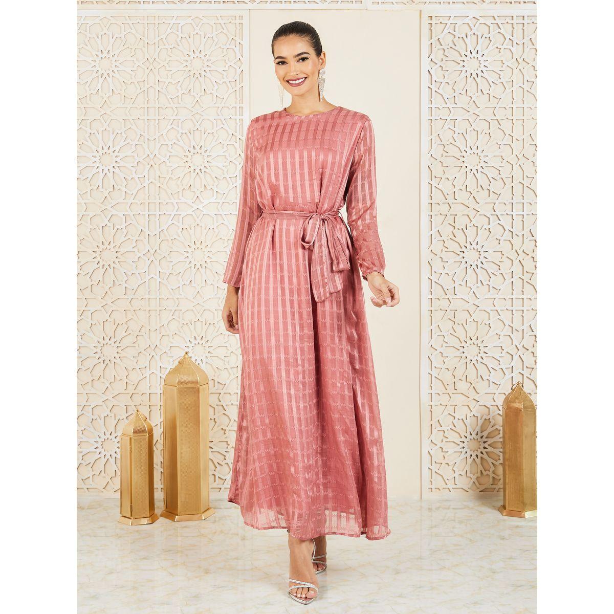 جلابية مزينة بخطوط لوريكس مع اربطة-women-arabicclothing-jalabiyas-image-1