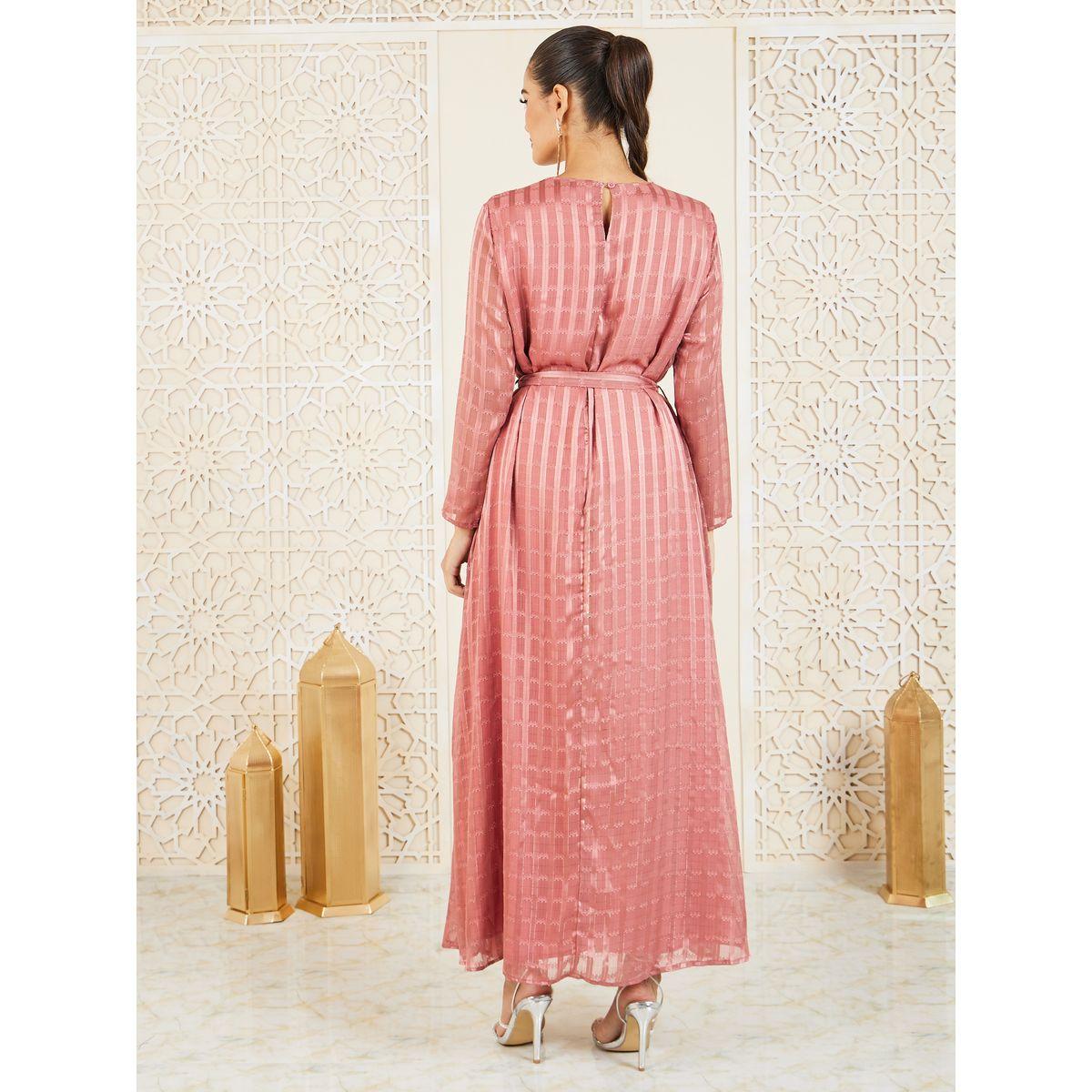 Styli Lurex Striped Textured Jalabiya with Self Tie Up-women-arabicclothing-jalabiyas-image-4
