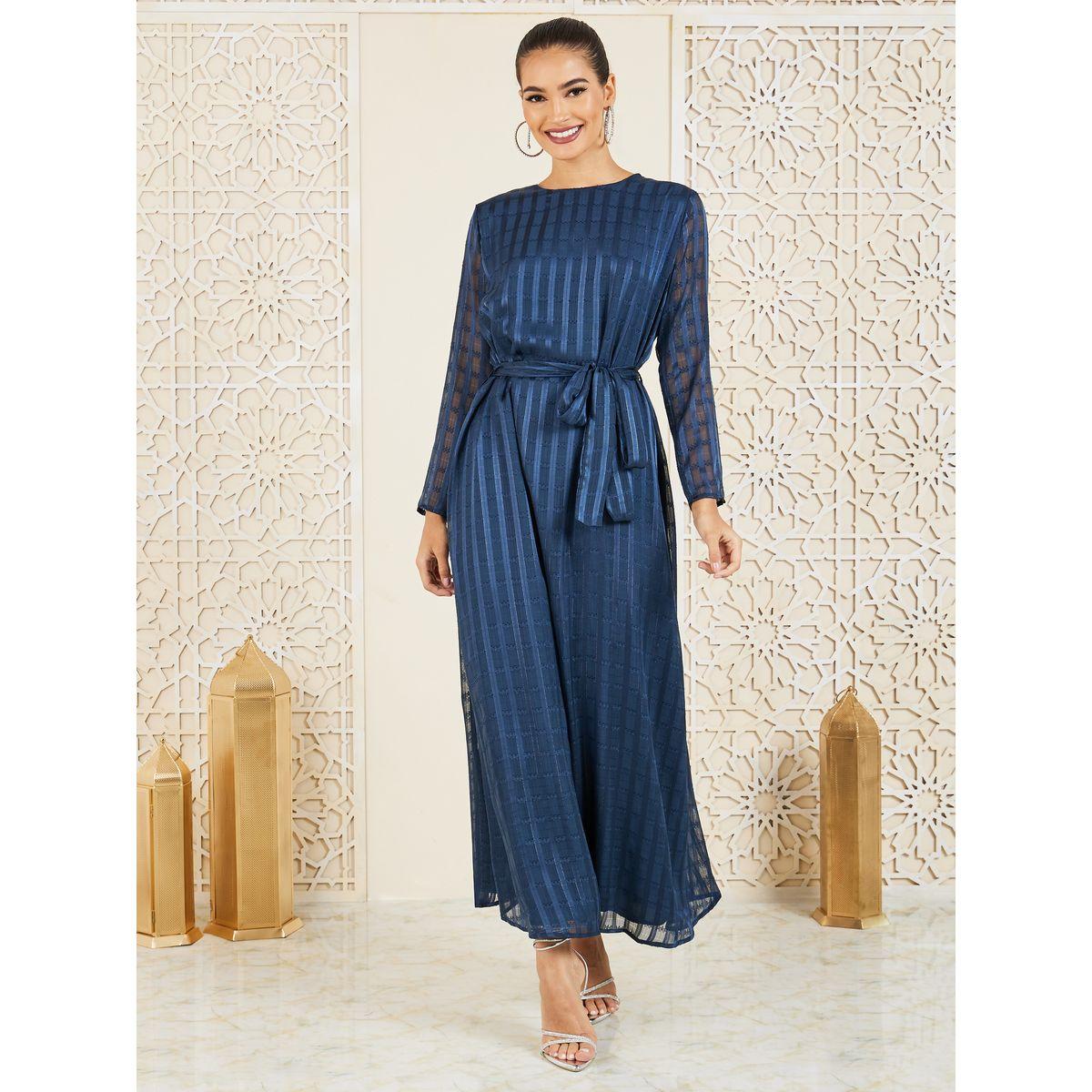 Styli Lurex Striped Textured Jalabiya with Self Tie Up-women-arabicclothing-jalabiyas-image-1