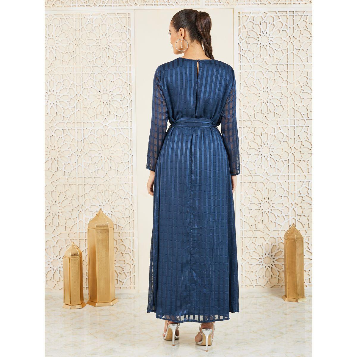 Styli Lurex Striped Textured Jalabiya with Self Tie Up-women-arabicclothing-jalabiyas-image-4